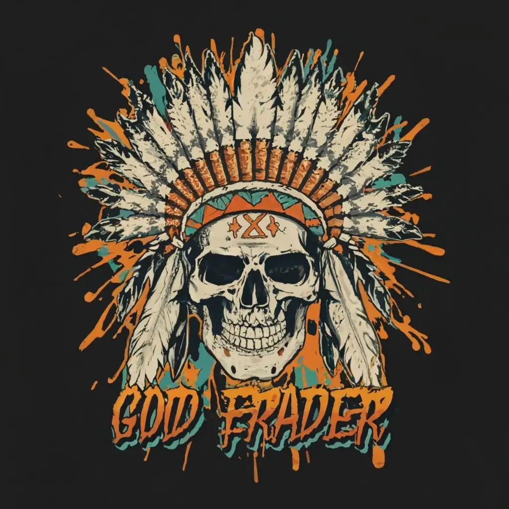 design ,with the text 'God Frauder' do not change this text under any circumstances, main symbol:Indian headdress on a skull. energy splatters splash extra detail,complex,be used in Entertainment industry,clear background. more wild detail. 		