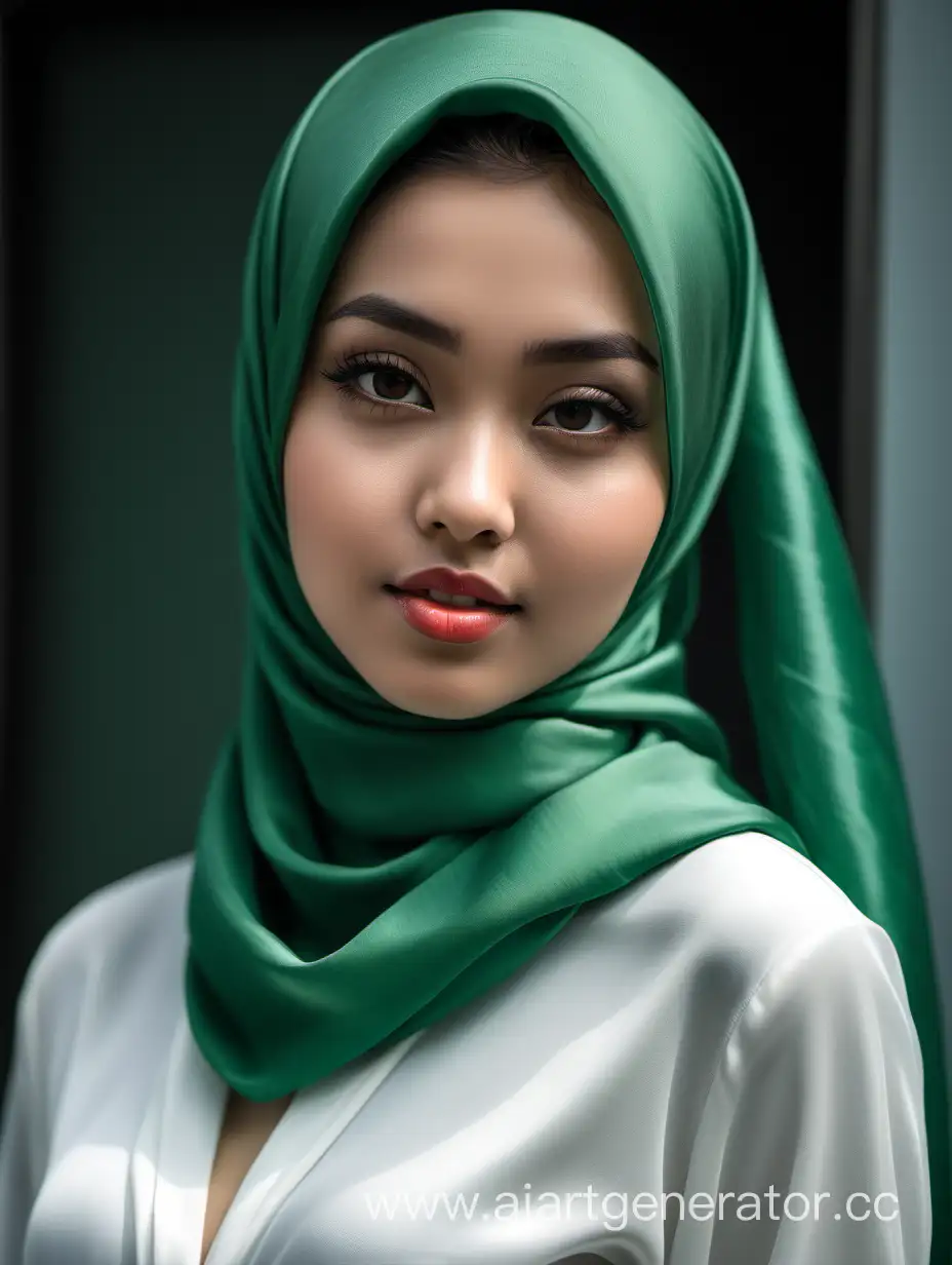 Девушка восточной внешности, атласный хиджаб зеленого цвета, белая шелковая блузка