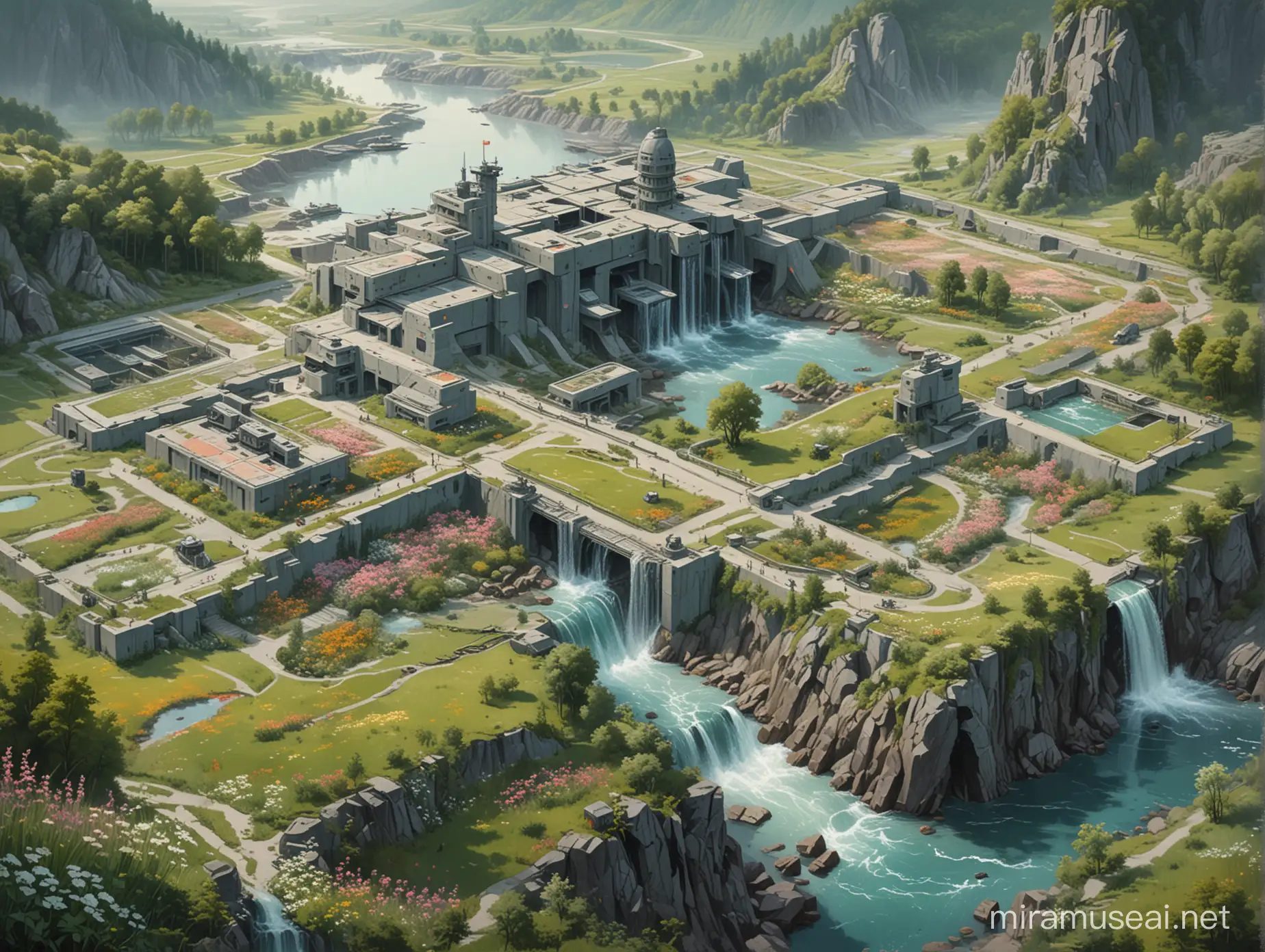 Idyllic Landscape with Sinister Military Base Detailed Aerial Painting in Muted Pastel Colors