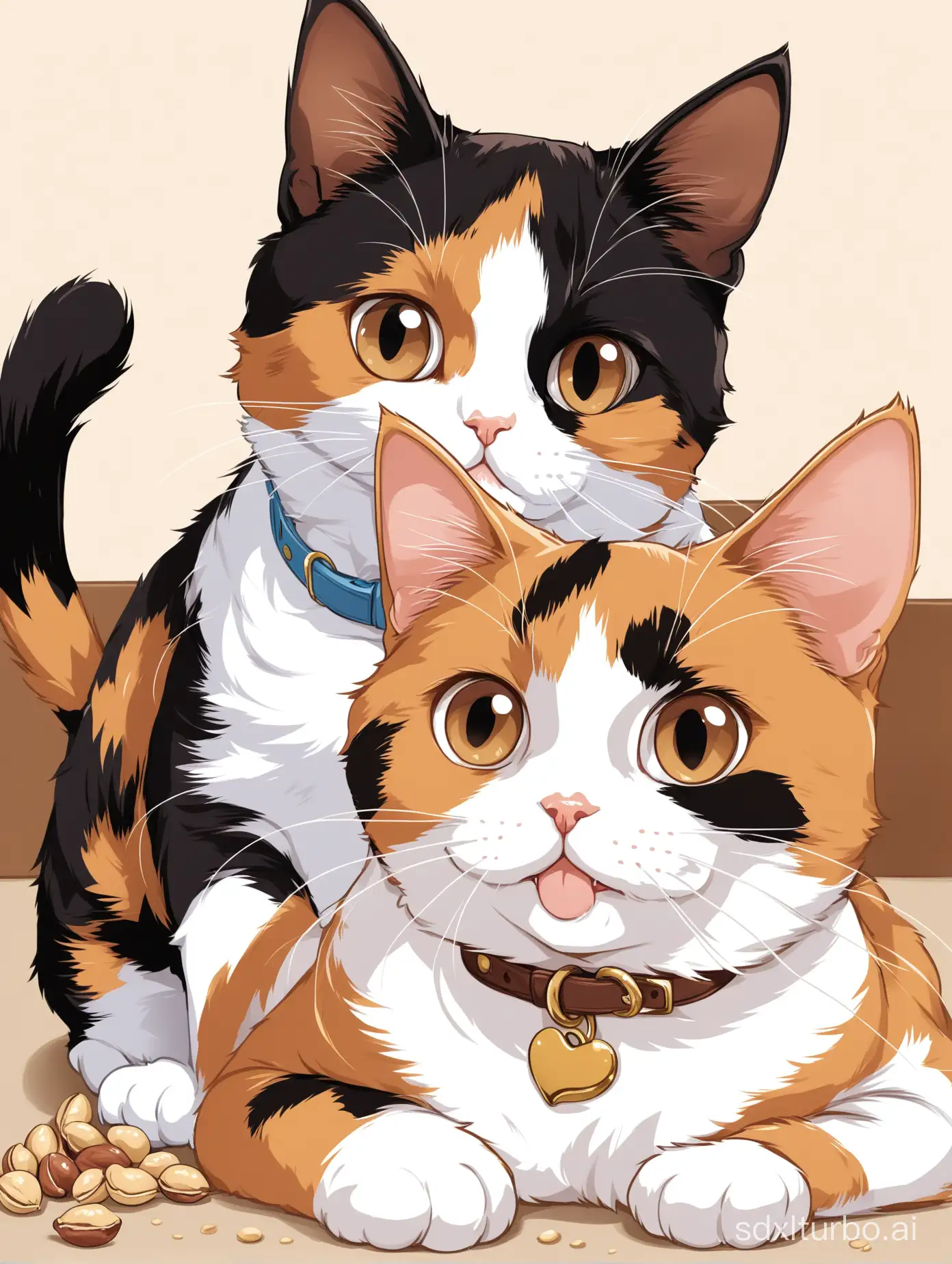 A calico cat named choco with his brother peanut they love to play. 