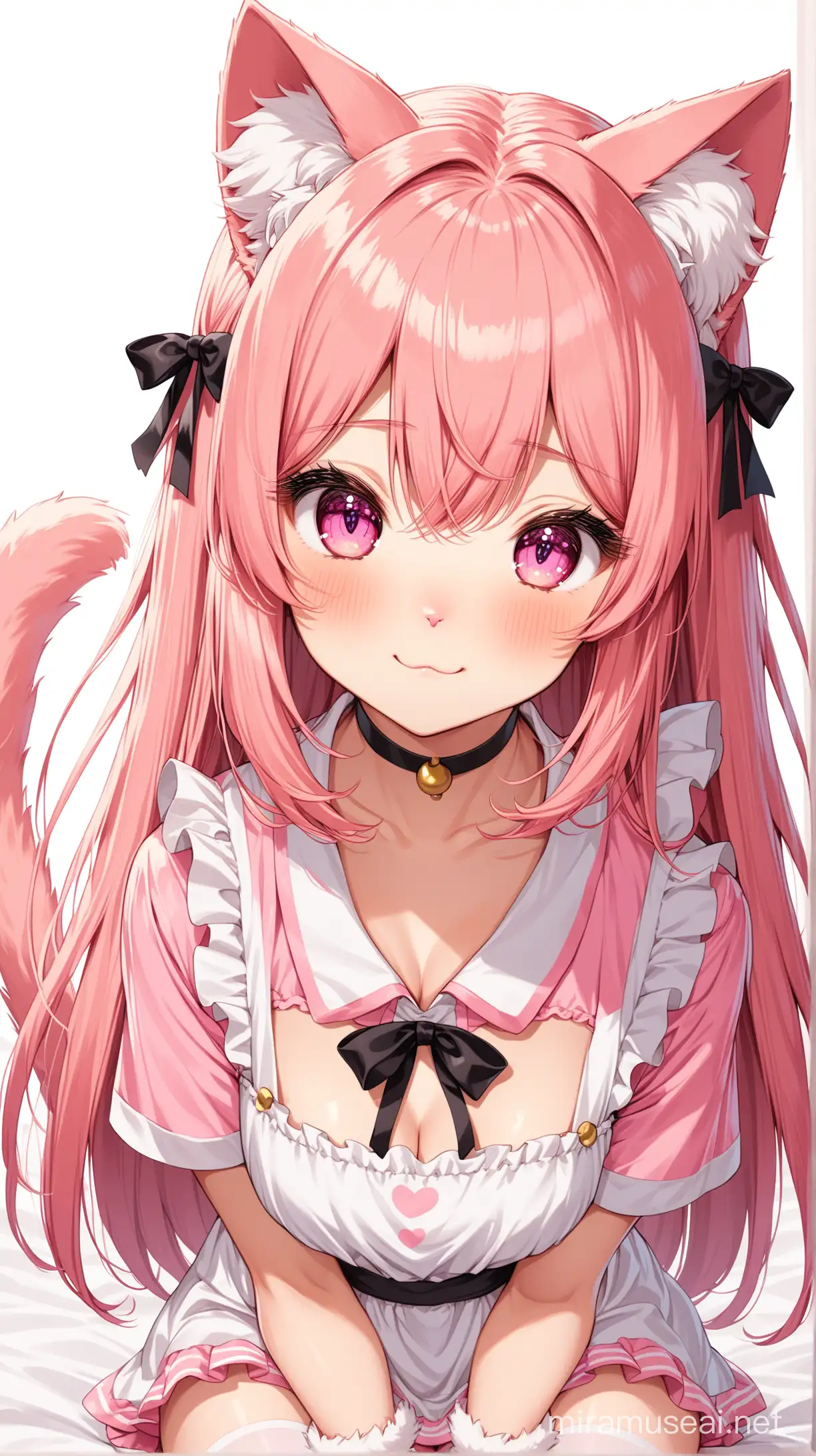 ((Inui Sajuna)), 1girl, High-quality anime illustration of cute cat girl, ((pink fluffy cat ears)), ((pink long and fluffy cat tail)), ((tail up)), ((light peach pink hair)), straight long hair down, ((two side up)), black hair ribbons, hair between eyes, ((pink eyes:1.3)), wearing a pink maid uniform, detached short sleeves, tiny cat-shaped neck bell, choker, ultra detailed hair, high detailed eyes, 16k, hd, high resolution, best quality, cute, (looking at viewer), petite bodym(single), white background, ((stoic expression)), upper body, ((masterpiece)), perfect, ((large cat-shaped eyes)), ((long and thick lashes)), lower lash, bright pupils, white thigh high stockings, from above, POV, light erotic, wrist cuffs, sitting, thighs, wariza, tsurime, POV headpat, flustered, embarrassed, kawaii, cute design, ((viewer is petting her head)), ((POV hand on head)), smiling, happy