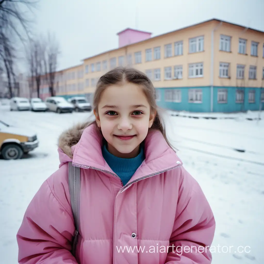 12-ти летняя красивая, милая девочка в зимней розовой куртке смотрит на меня со скромной улыбкой, возле русской двухэтажной школы образец конца 90-х, зимним пасмурным днём  
