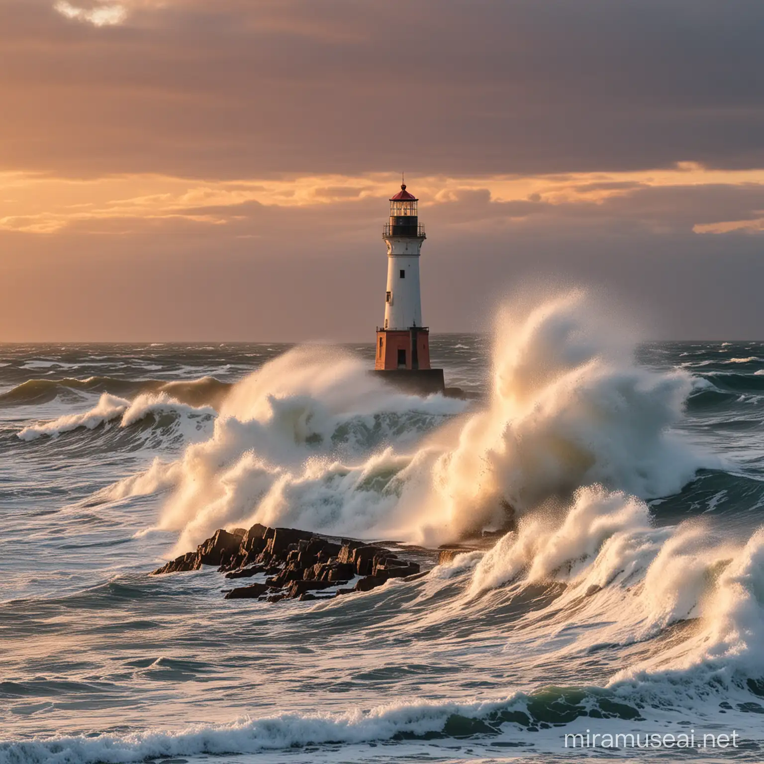 Dramatic Winter Sunrise Seascape with Towering Waves and Lighthouse