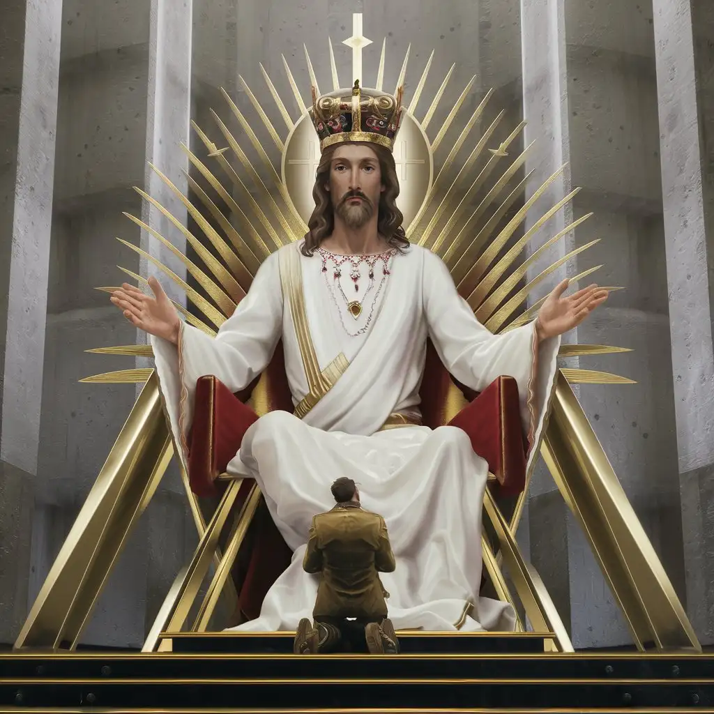 imagine Jesus Christ sitting on throne, wearing crown, (masterpiece:1.4), (bestquality:1.2), highly detailed, ultra-detailed, majestic, elegant, royal, {Adolf Hitler kneeling before Jesus Christ}, {grand throne room}, {submission}, (detailedthrone), (crownoftheking:1.3), (goldenlight:1.2), (whiteglow:1.3), (sleekdesign), (angledlegs)