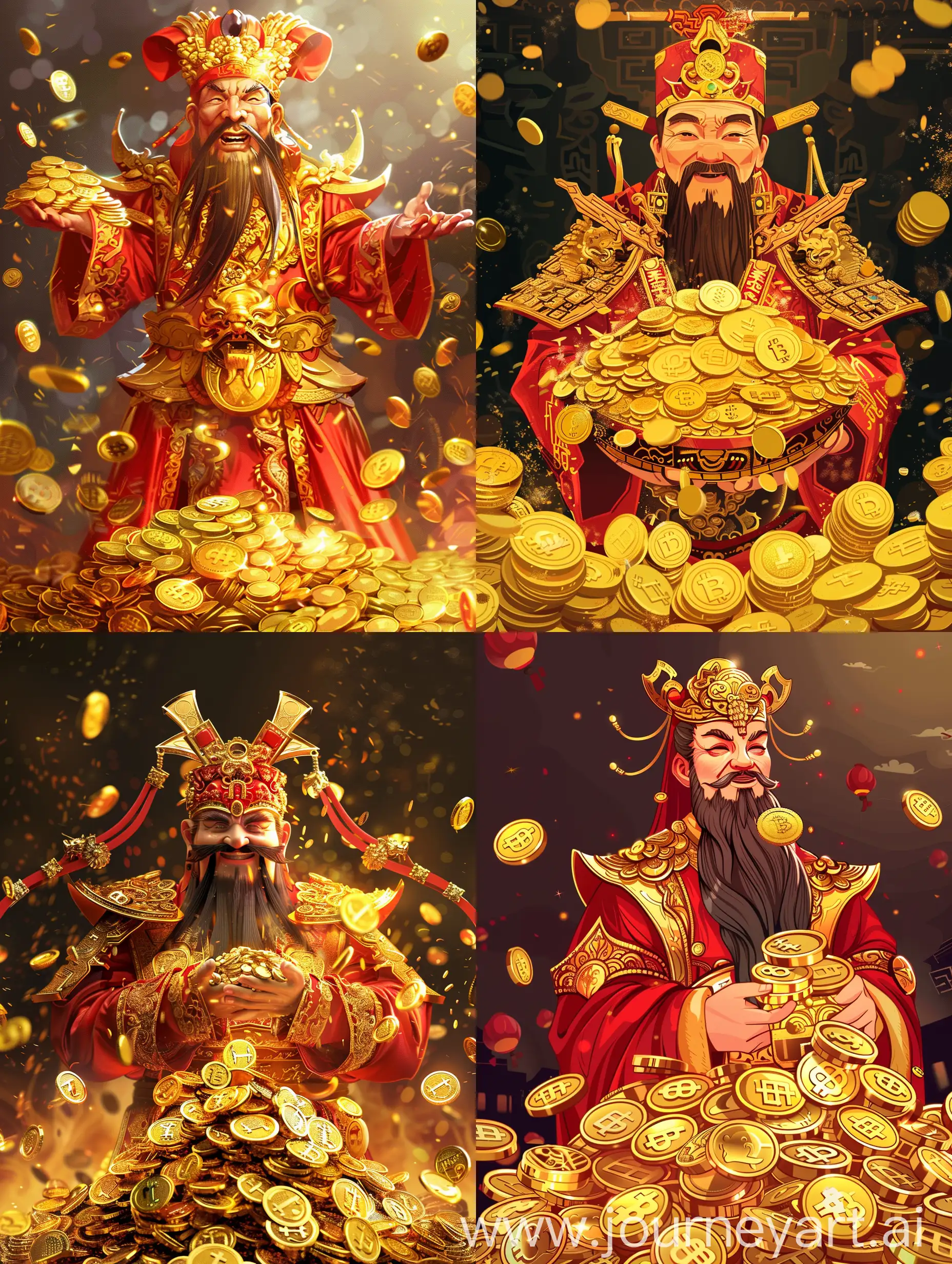 the God of Wealth is holding a large pile of gold coins for you,bling,cartoon,frontal,brilliant,backlit,real shooting,rich details