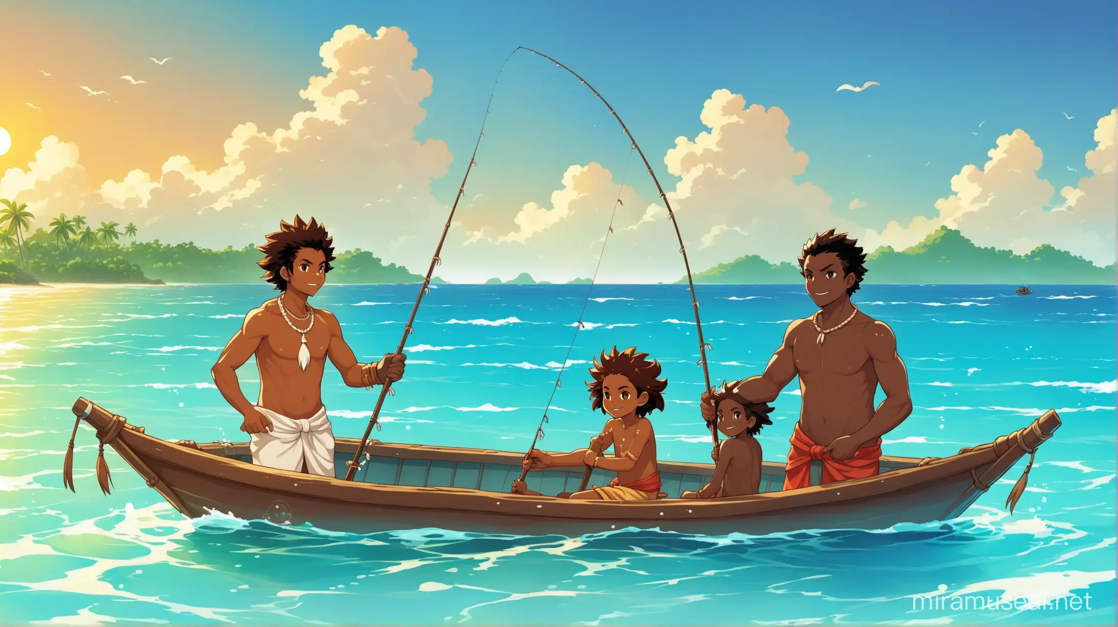 Personnes mélanésiennes de tout âge (entre 15ans et 30 ans) dans la mer, en train de pêcher, avec un style wakfu
