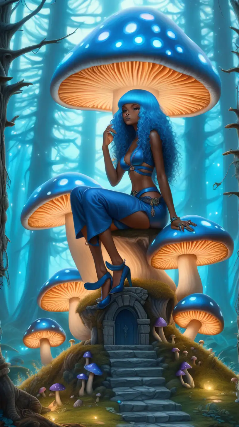 large glowing mushroom forest, melanin witch with long blue curly hair sitting on top a mushroom, altar