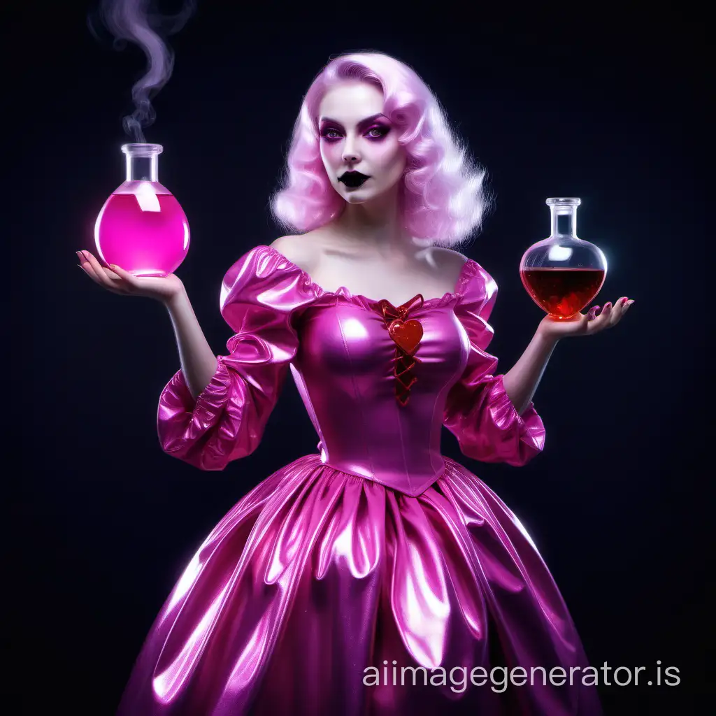 The witch in a shiny pink dress holds a love potion