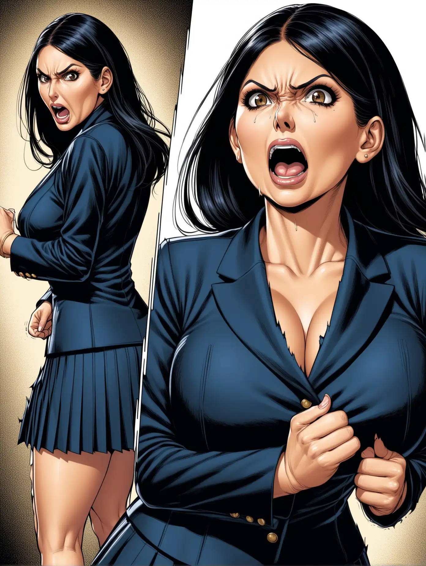 Mature Woman in Detailed Navy Skirt Suit Expresses Disbelief in Realistic Pulp Comic Style