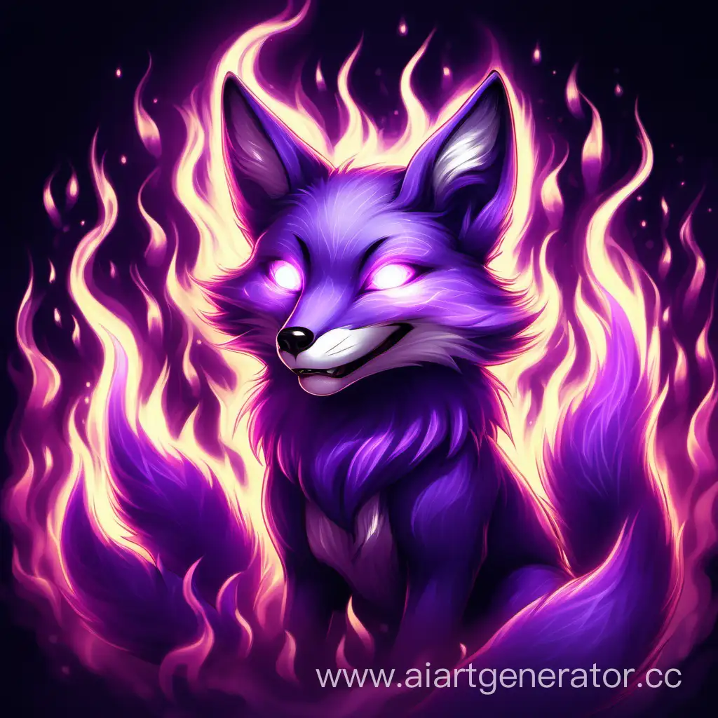 A beautiful purple fox with glowing eyes grins and exhales flames