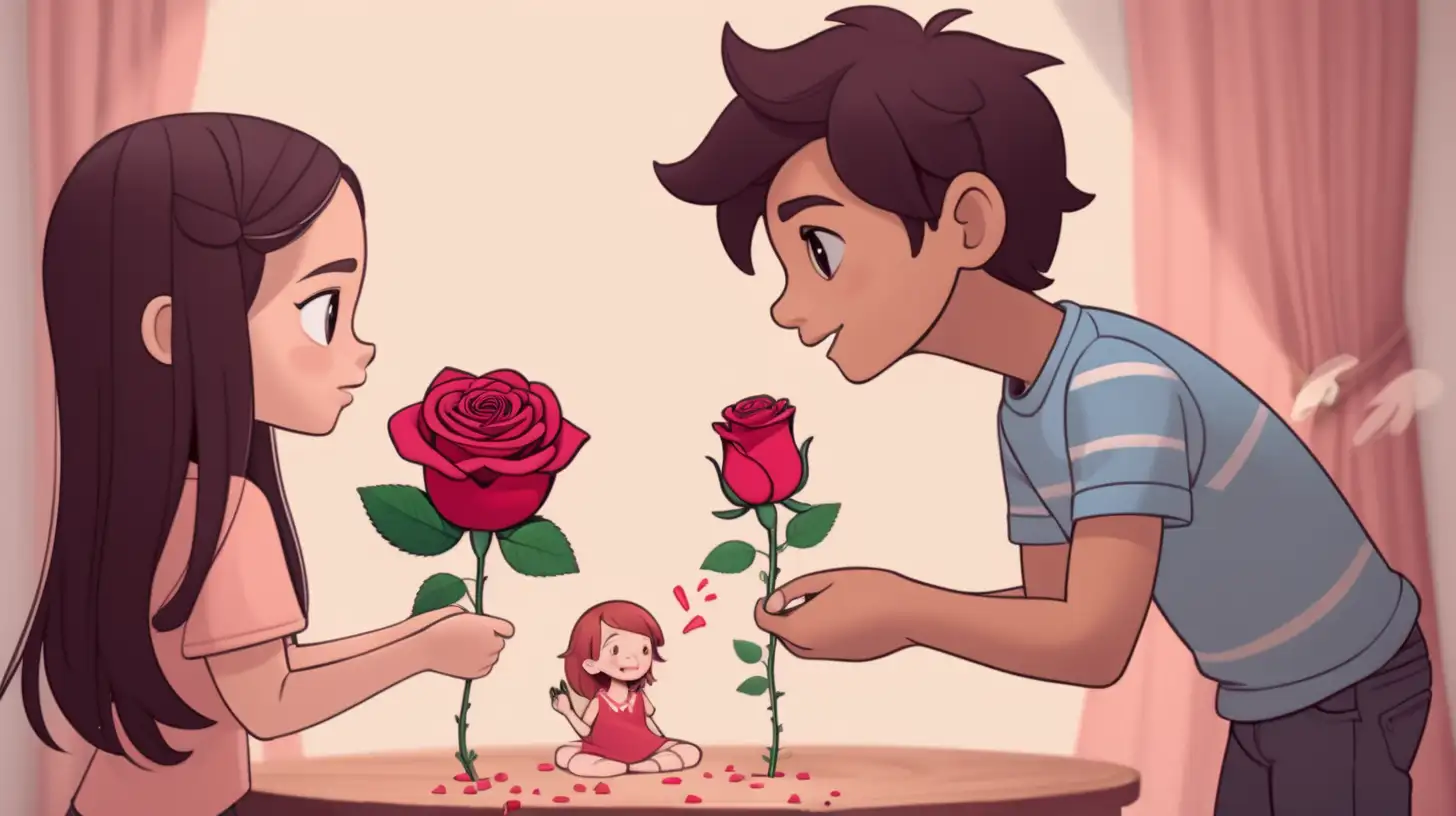 A playful and light-hearted GIF of the boy using creative means, like a magic trick, to reveal the hidden rose for the girl.