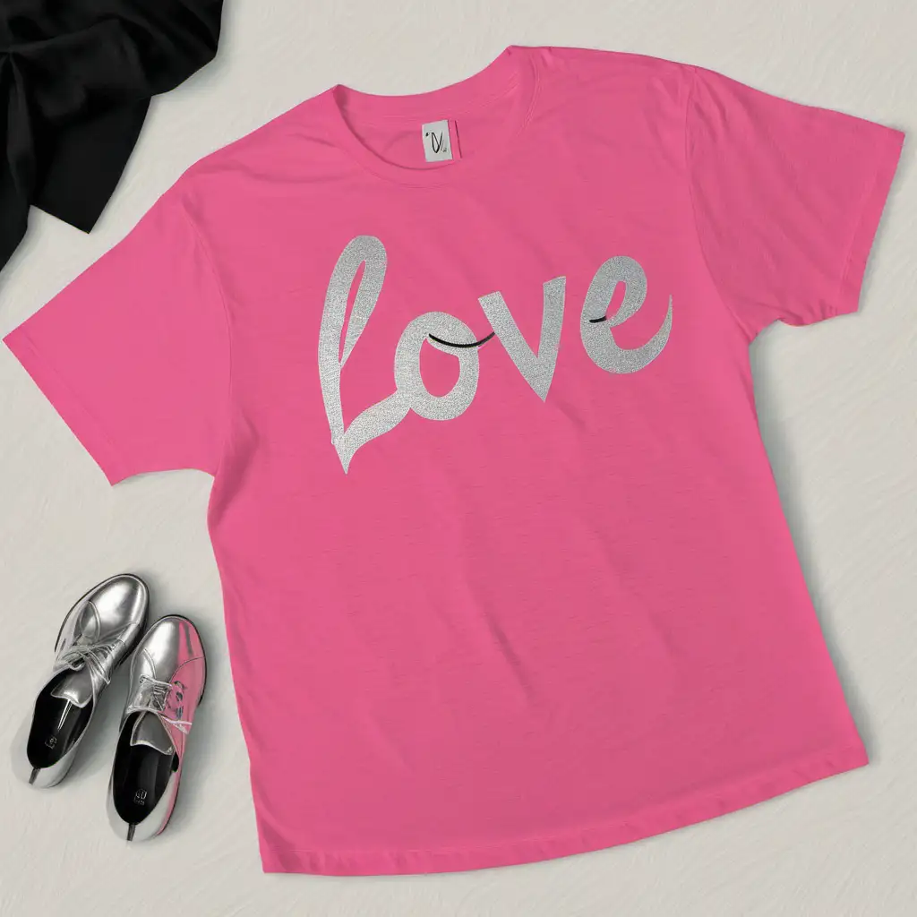 Pink and black shirt, with love written on the front , with silver letters 