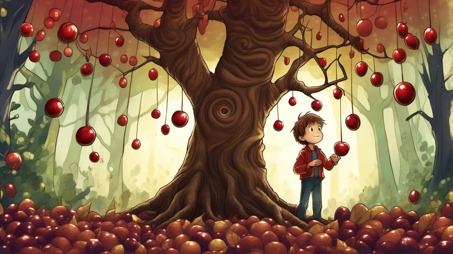illustrate A ten-year-old brown-haired boy stands next to a tree, whose fruits are little red candys. It uses tree branches as its hands and has eyes and a mouth. , in the magical forest