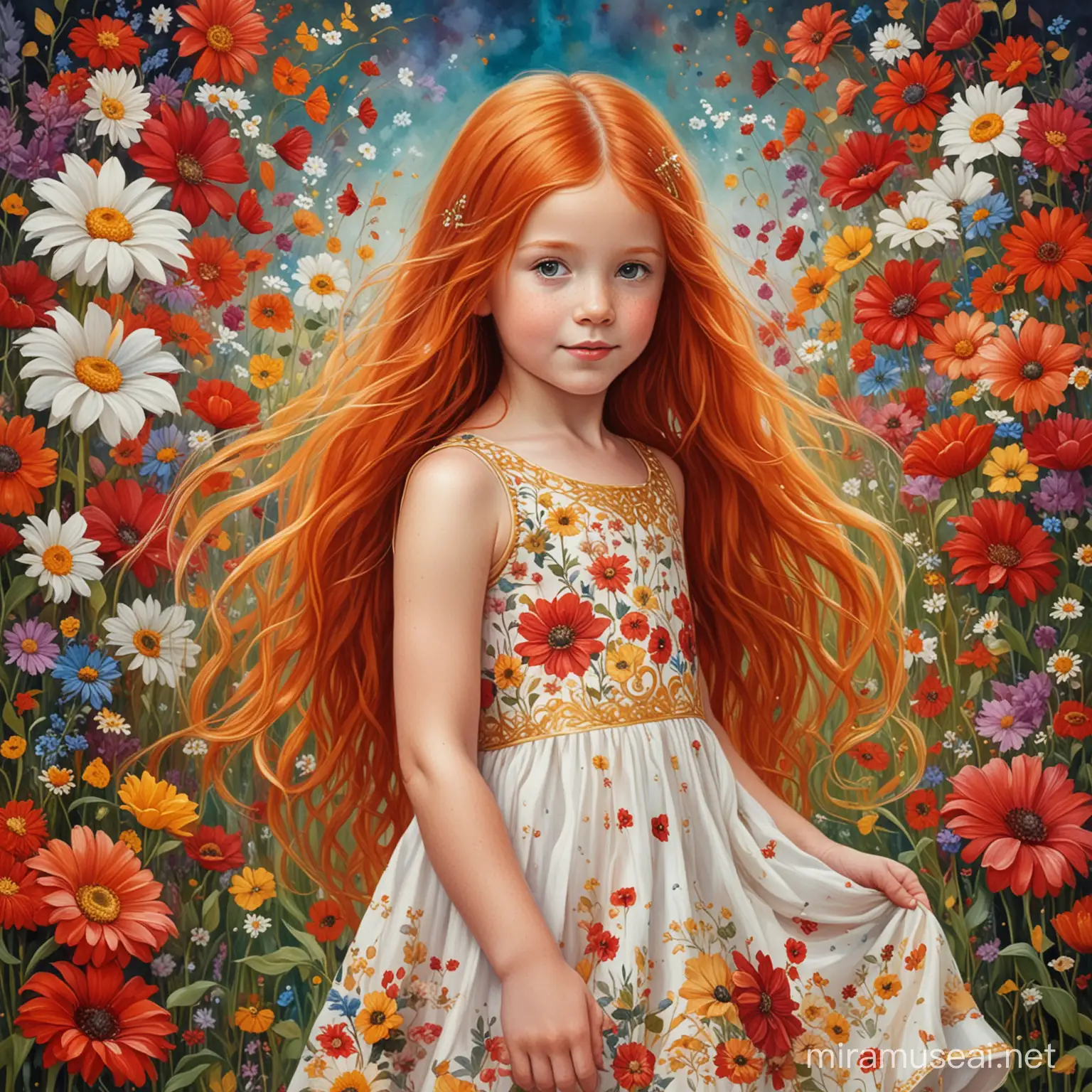 Whimsical art, A little girl with long red hair, red and white dress with flowers, background of colorful flowers with gold.