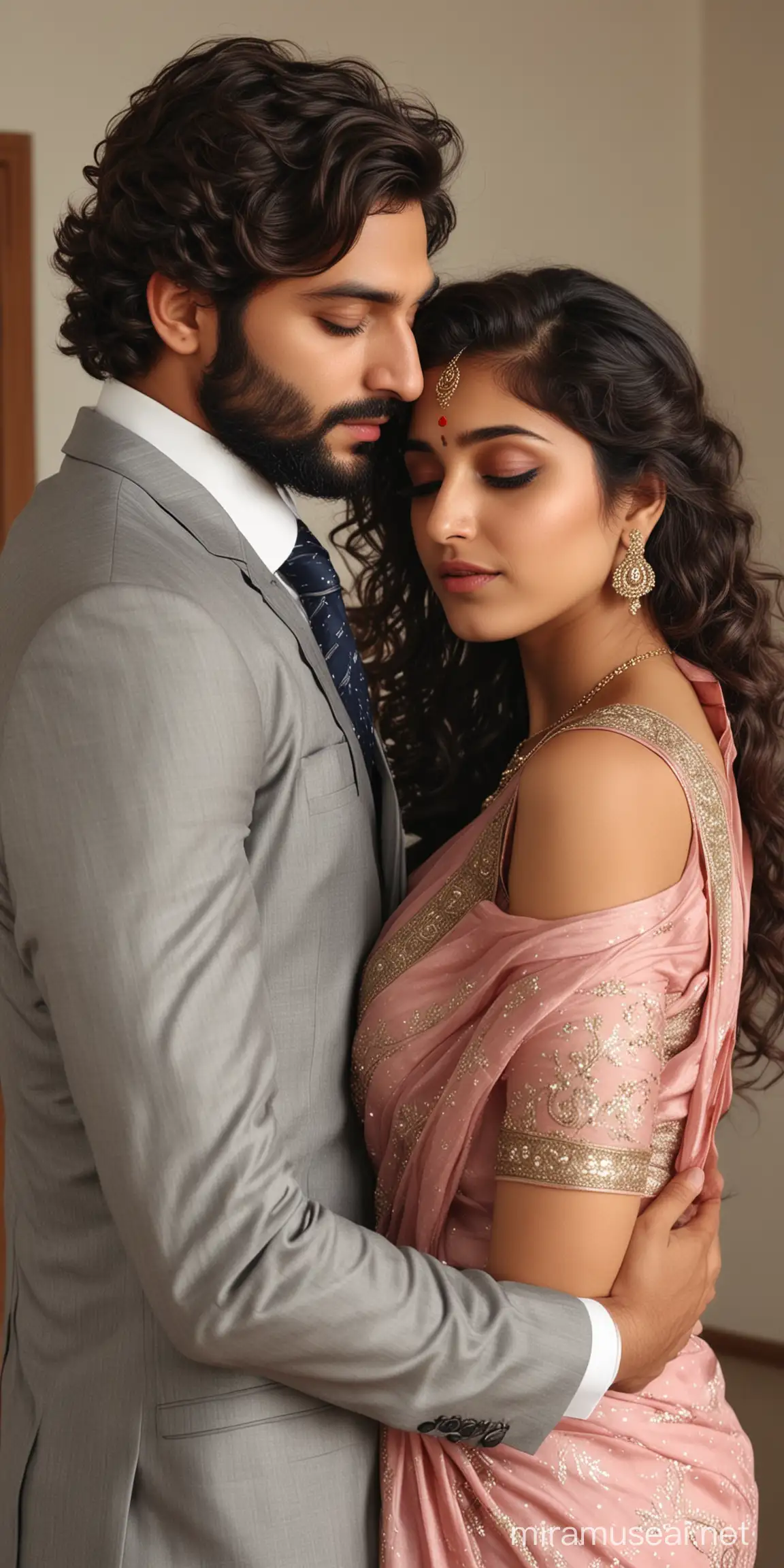 couple, most handsome full body photo of  elegant european male,  formals with tie,  elegant looks,  beard,  most beautiful cute indian girl, elegant saree, low cut back, makeup, curly long hair,  girl head resting on man chest  with emotional  reunited feeling, emotion and crying, weeping with tears,  low cut back, man comforting girl, 
photo realistic, 4k.