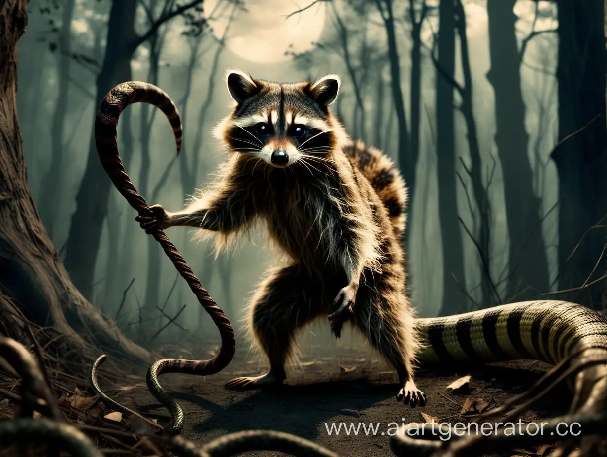 Raccoon-Battles-Giant-Serpents-in-Spooky-Forest-Scene