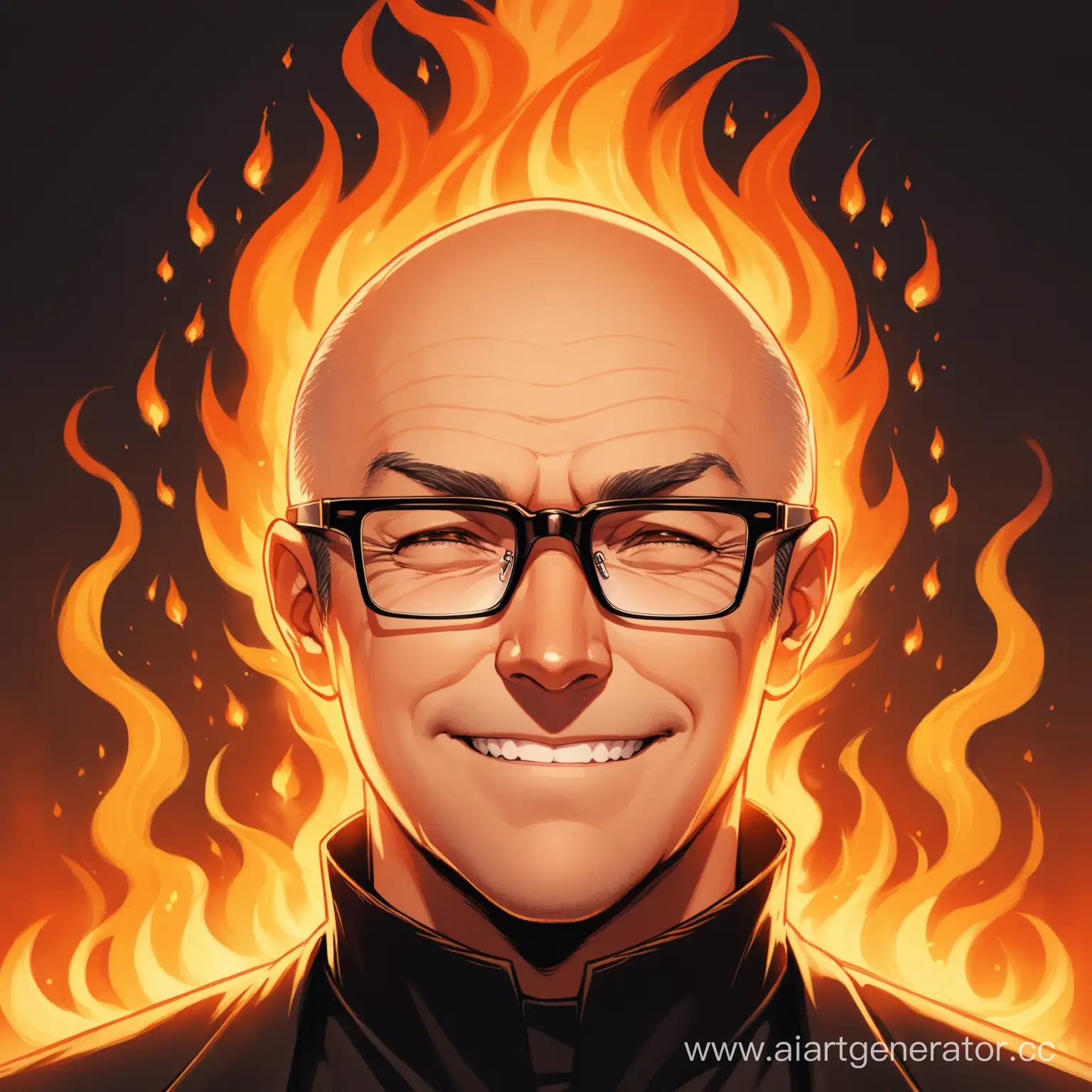 the face of a middle-aged man in rectangular glasses with black frames, a slight grin in the corner of his closed mouth, and instead of hair there are tongues of flame