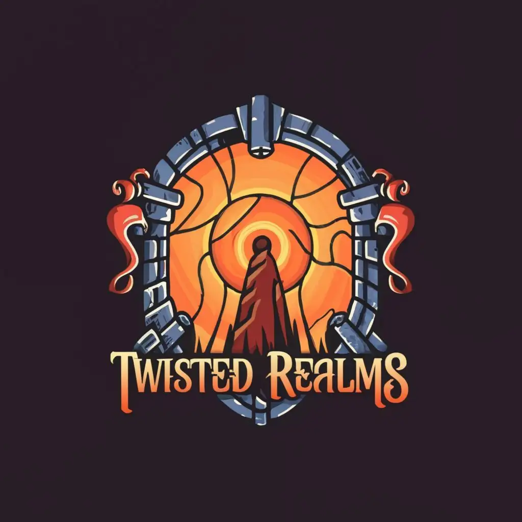 logo, portals gateway torn
worlds playful bombastic 
fantasy wonder childlike medieval, with the text "Twisted Realms", typography, be used in Entertainment industry