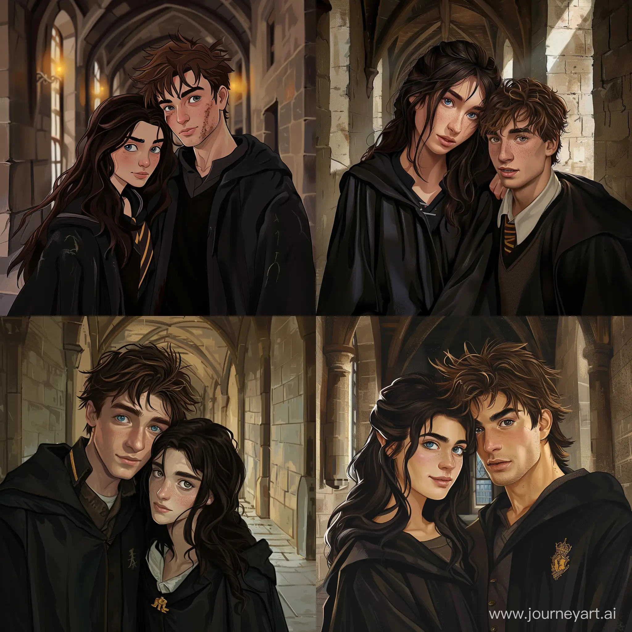 Friends, Hogwarts, Ravenclaw, teenagers, 14 years old, beautiful girl, dark brown hair, blue eyes, black robe, guy with disheveled straw-colored hair and brown eyes, black robe, castle corridor, girl leaning on a guy's shoulder, full height, high quality, high detail, cartoon art