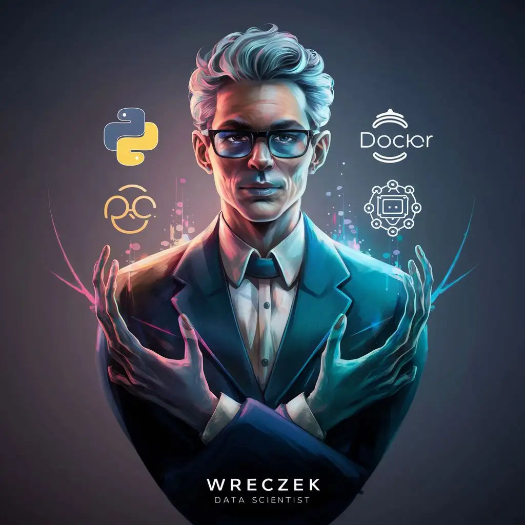 Create a high-quality, artistic avatar for a GitHub profile of a data scientist named Wreczek. The avatar should not have glasses and must incorporate visual symbols representing Wreczek's expertise in Python, Git, Docker, and Artificial Intelligence. Each tool should be depicted once, without repetition, and without any nonsensical texts. The design should reflect Wreczek's identity as an analytical thinker, someone who writes clean code and is proficient in algorithms. The avatar must blend professional elements with a touch of whimsy, showcasing technical prowess and personal attributes in an engaging and memorable way. The color scheme should be sophisticated, utilizing vibrant colors to add personality. The overall look should be less like it was generated by a machine and more like it was carefully crafted by an artist, focusing on clarity, precision, and a connection to Wreczek's professional and personal life.