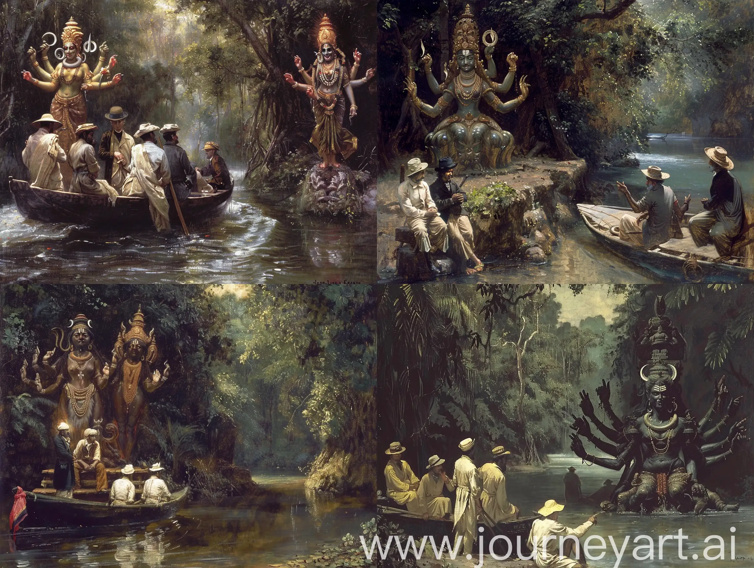 A painting by jean-leon gerome of a party of british adventurers travelling in a river boat through the jungle wearing 1890s clothes and pith helmets and finding a mystical hindu shrine with a demonic statue of the goddess shiva with 4 arms beside the river. 