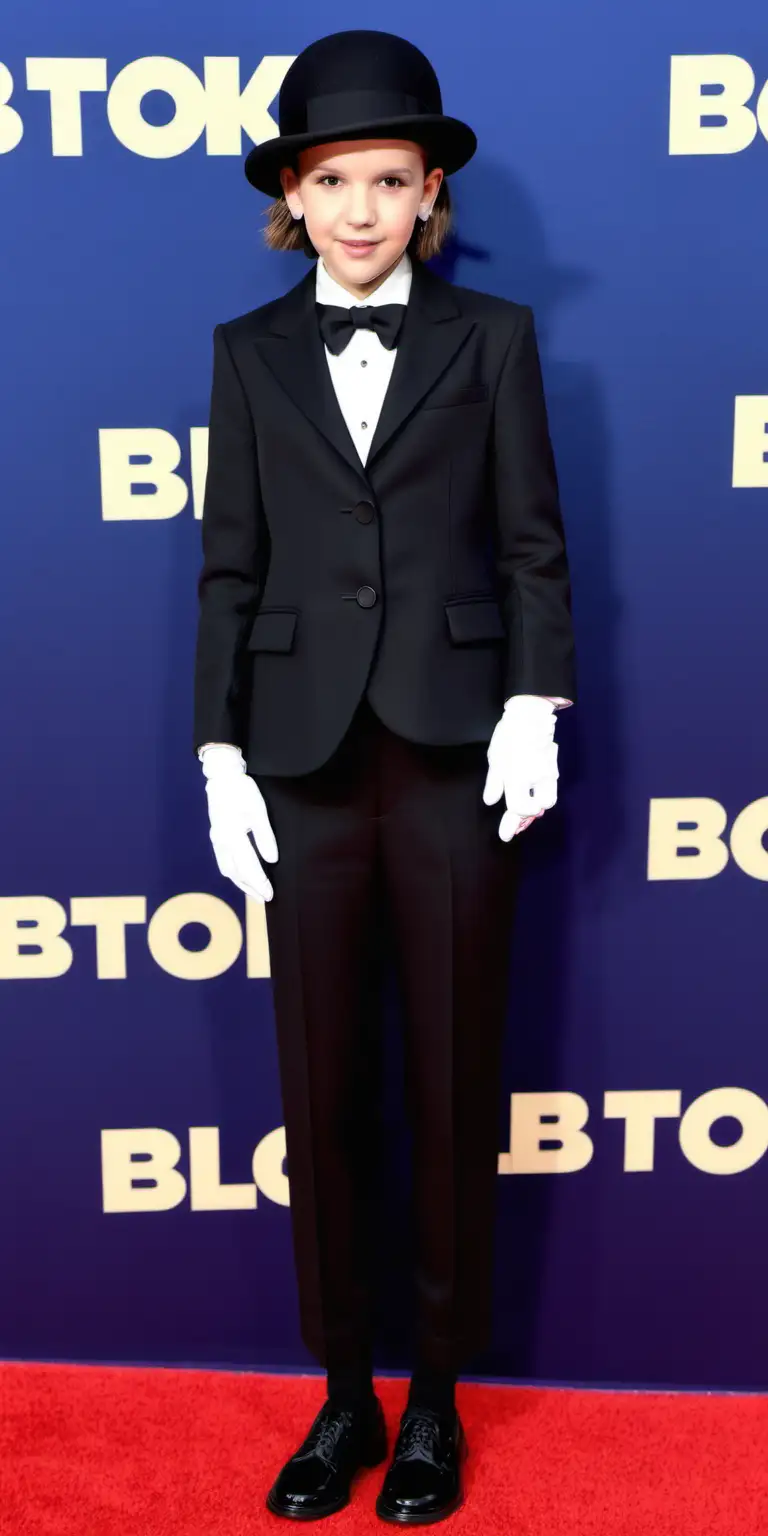 Millie Bobby Brown, short hair, bowler hat, pantsuit, frock coat, white kidskin gloves