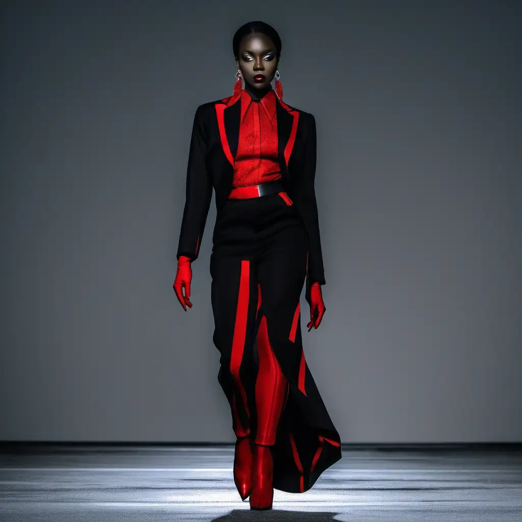 Elegant Black and Red Fashion Show on Stylish Dark Runway