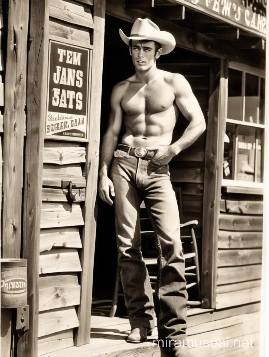 Sexy, shirtless cowboy standing outside of a saloon with one of his feet up against the wall in a james dean type post. It looks like an old 1950s cigarette ad