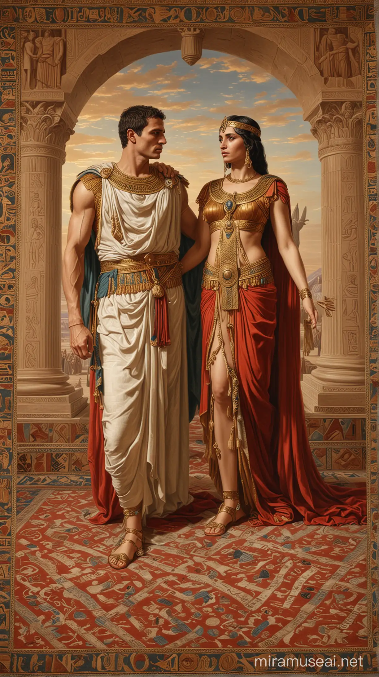 Depictions of Julius Caesar's arrival in Egypt, with Cleopatra presenting herself to him on a luxurious carpet, emphasizing her attempts to regain power through seduction. hyperealistic