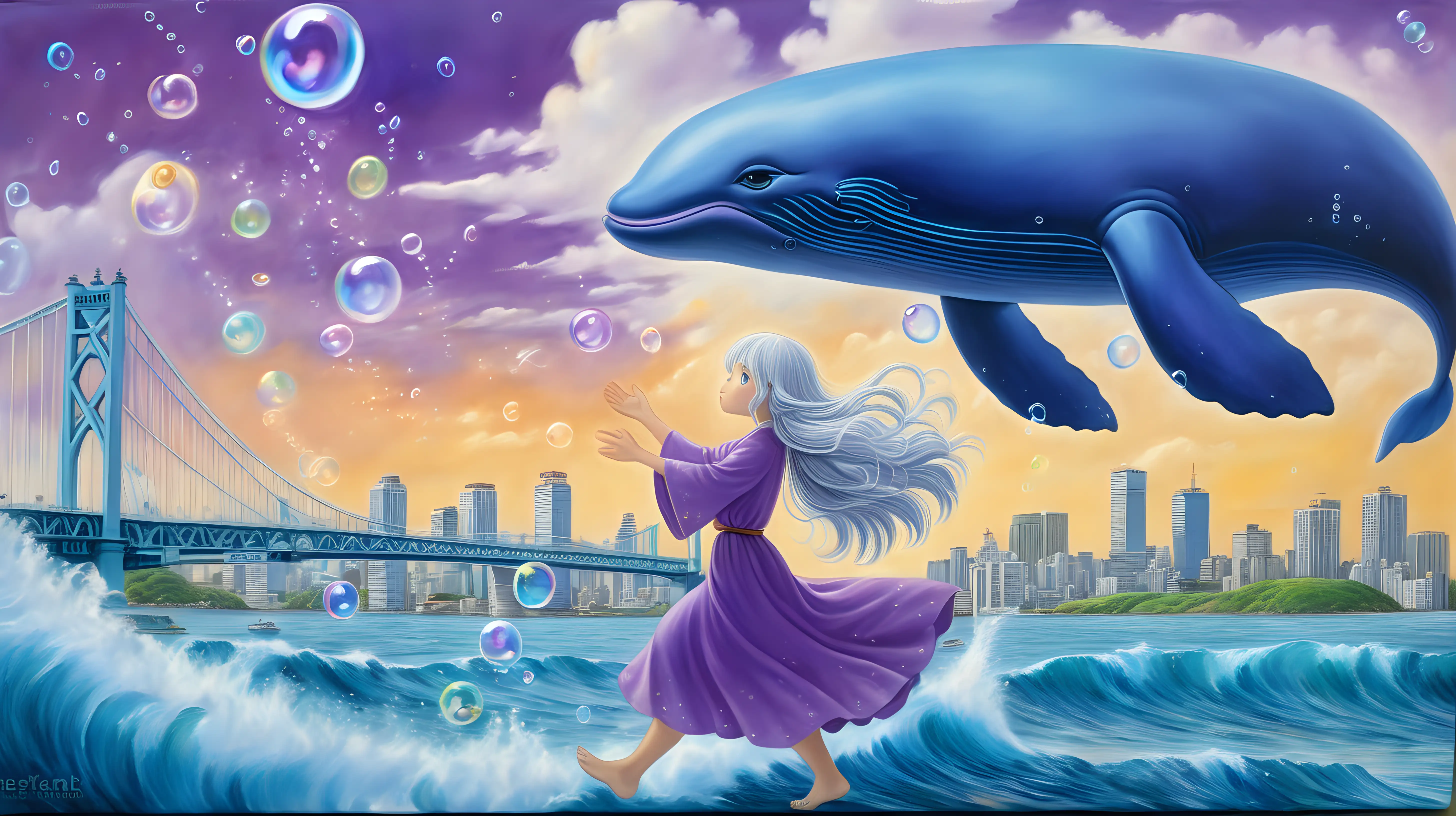 ghibli inspired painting of a beautiful enchanting silver-haired, blue-eyed goddess playing with a big purple whale in tokyo skyline, with clouds like waves and bubbles and sunshine