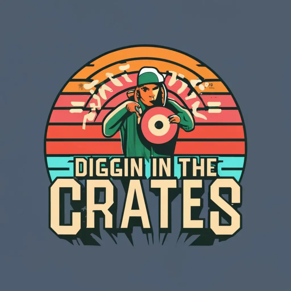 logo, Hip hop disk jockey digging searching for vinyl records, with the text "Diggin in the crates", typography