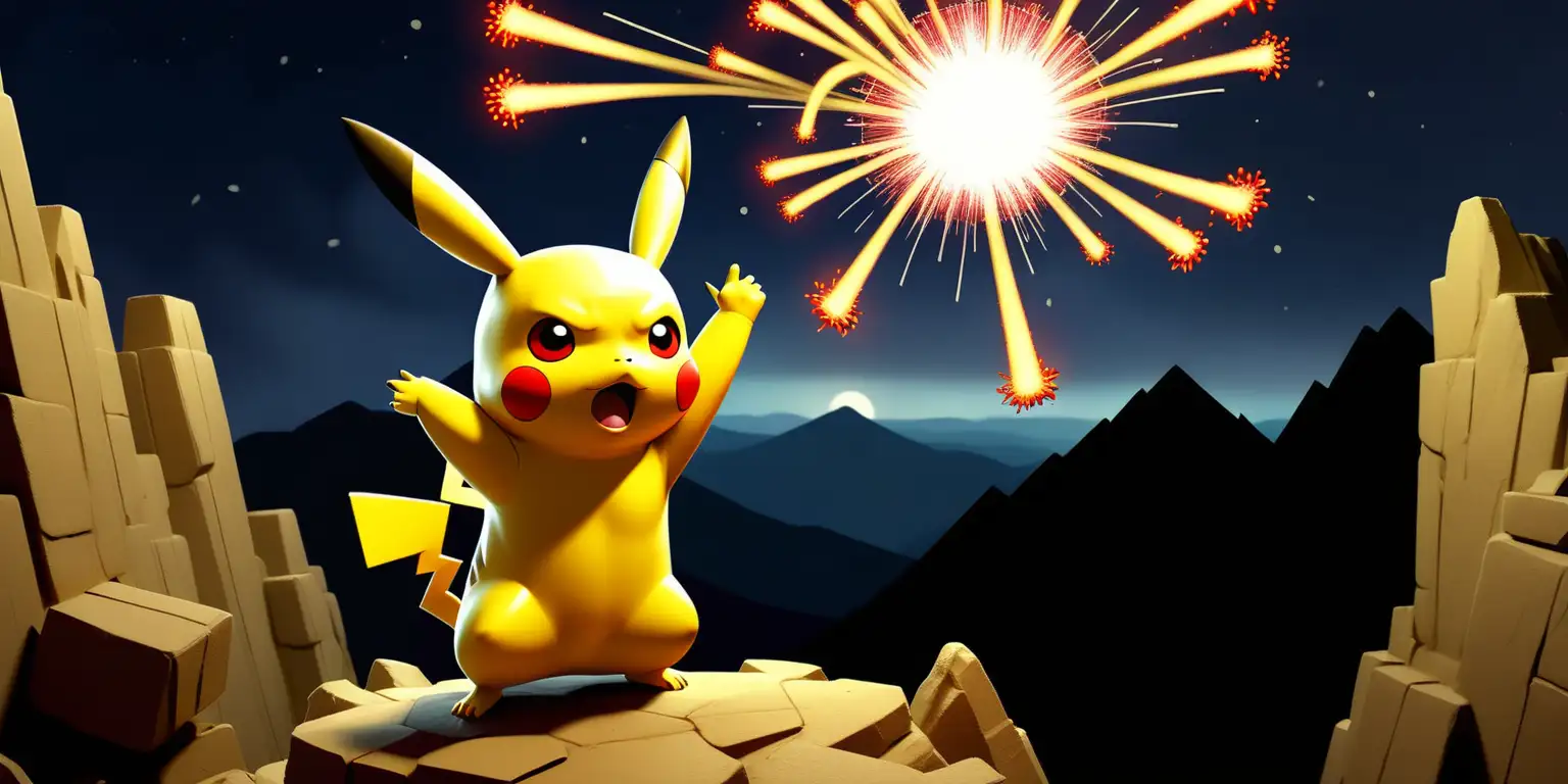 Pikachu on a mountain summoning magic. Firecrackers shooting out of his hands. Night. 