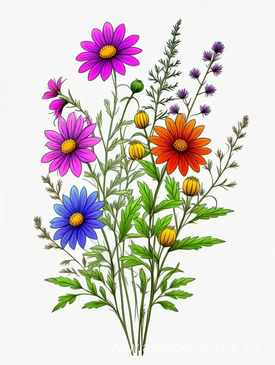 a colorful wildflower lines art, simple, herb, Unique floral, botanical ,grow in cluster, 4K, high quality, white background,