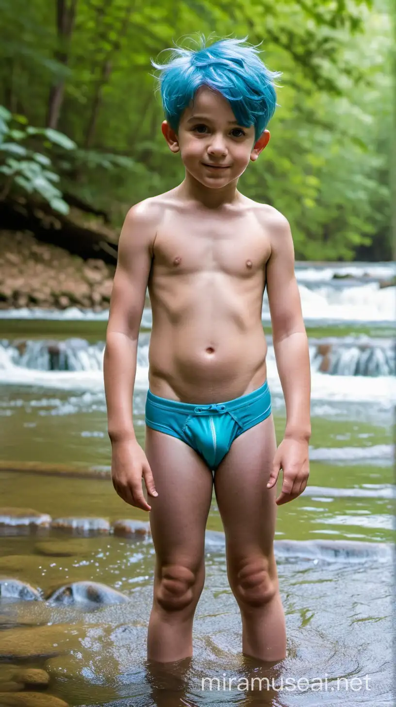 Niño europeo de 8 años con el cabello azul solo usando briefs en un río enmedio de un bosque