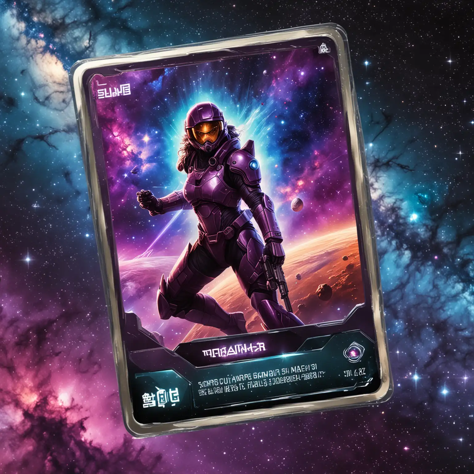scifi shiny trading card against a galaxy background