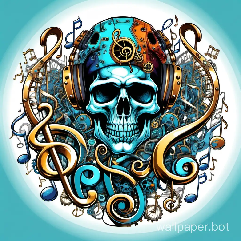colorful steampunk biker skull surrounded by musical clef notes. white background. color neptune blue.