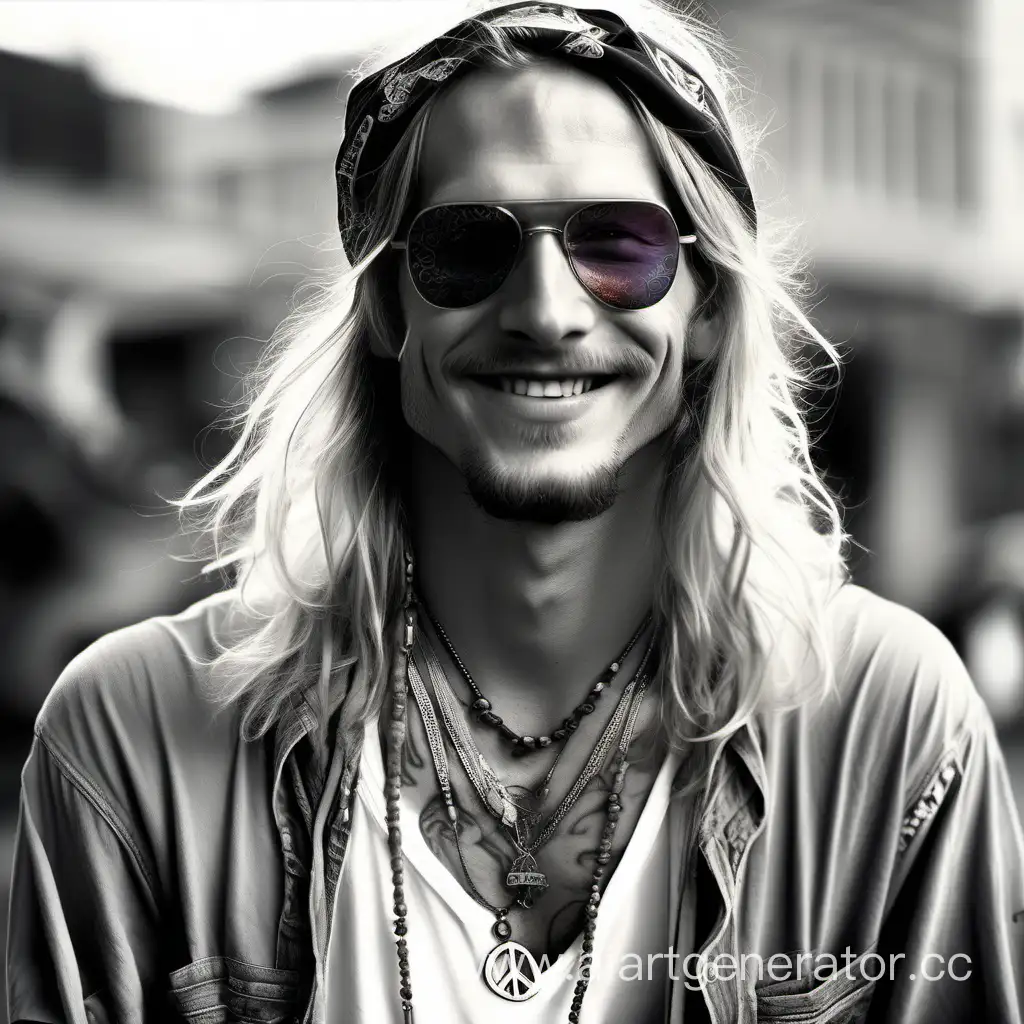 the guy is an angel with long blond, blue eyes that are covered by dark glasses, a wide smile on his face and a cigarette between his teeth, a small tattoo of a peace icon (hippie) on his neck, light stubble on his face, dressed in all white.
