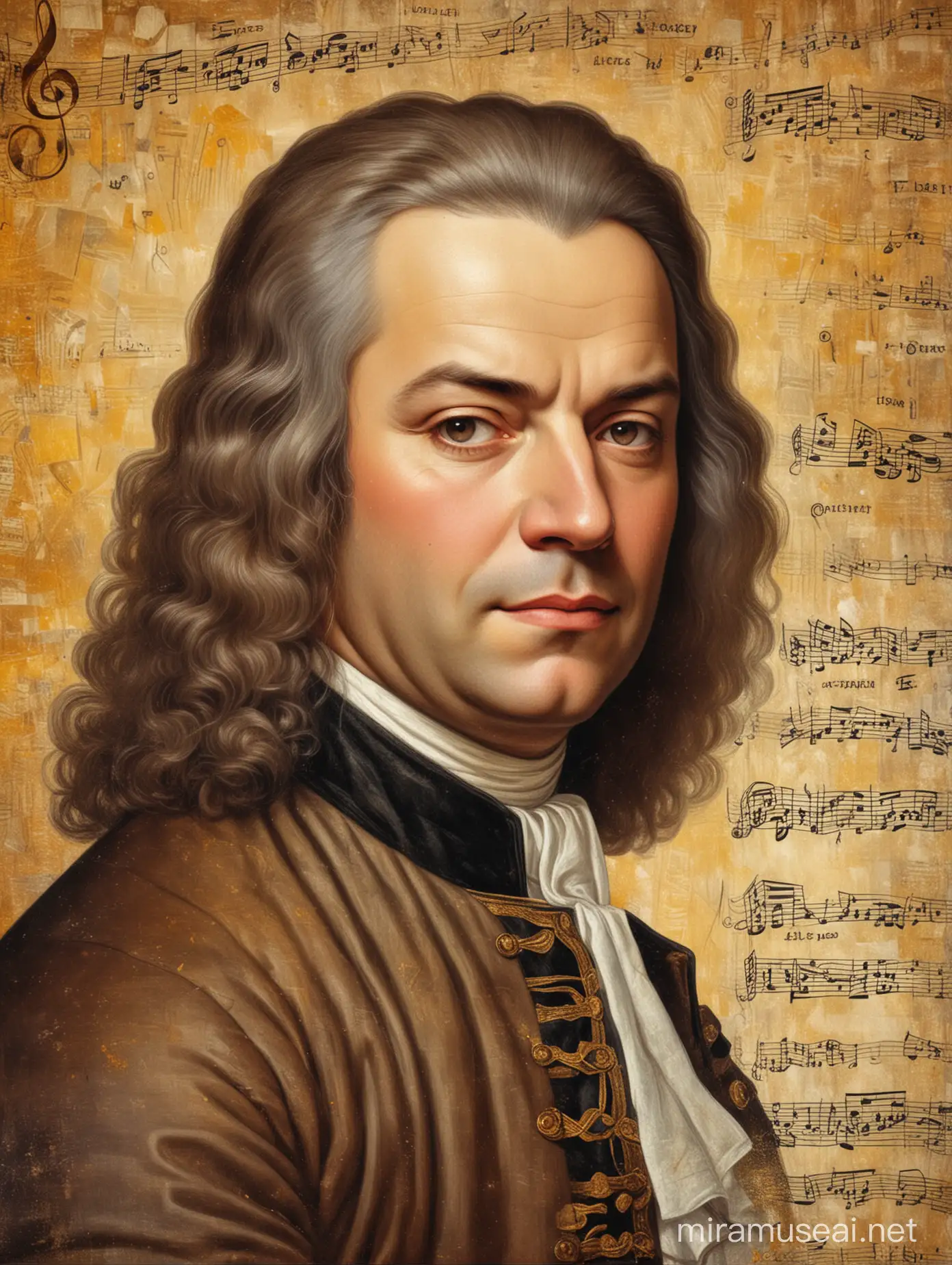 Johann Sebastian Bach Portrait in KlimtStyle with Musical Note Motif in Realistic Pastel Tones