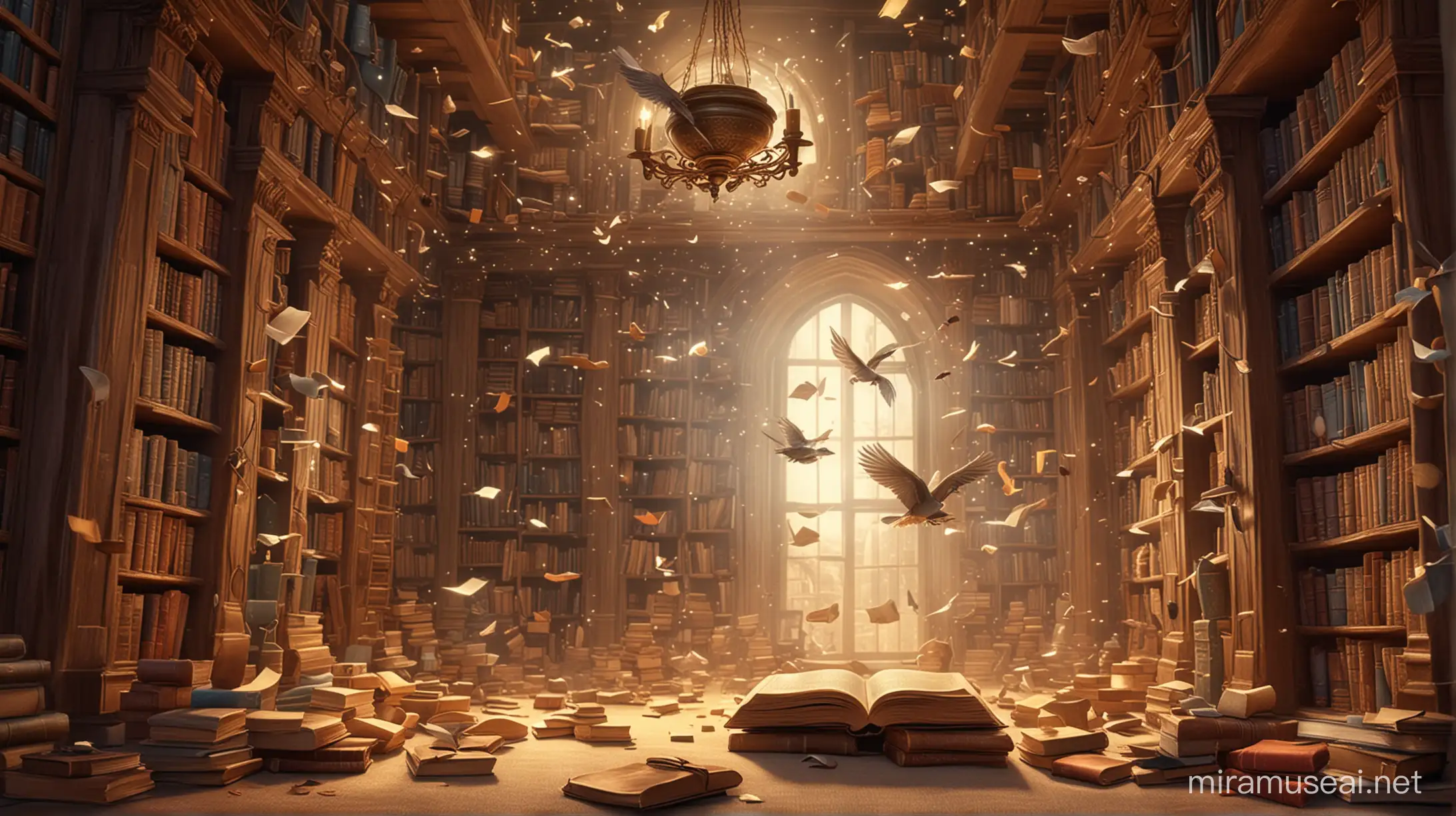 Enchanted library, books flying and tales coming alive, in a magical realism style