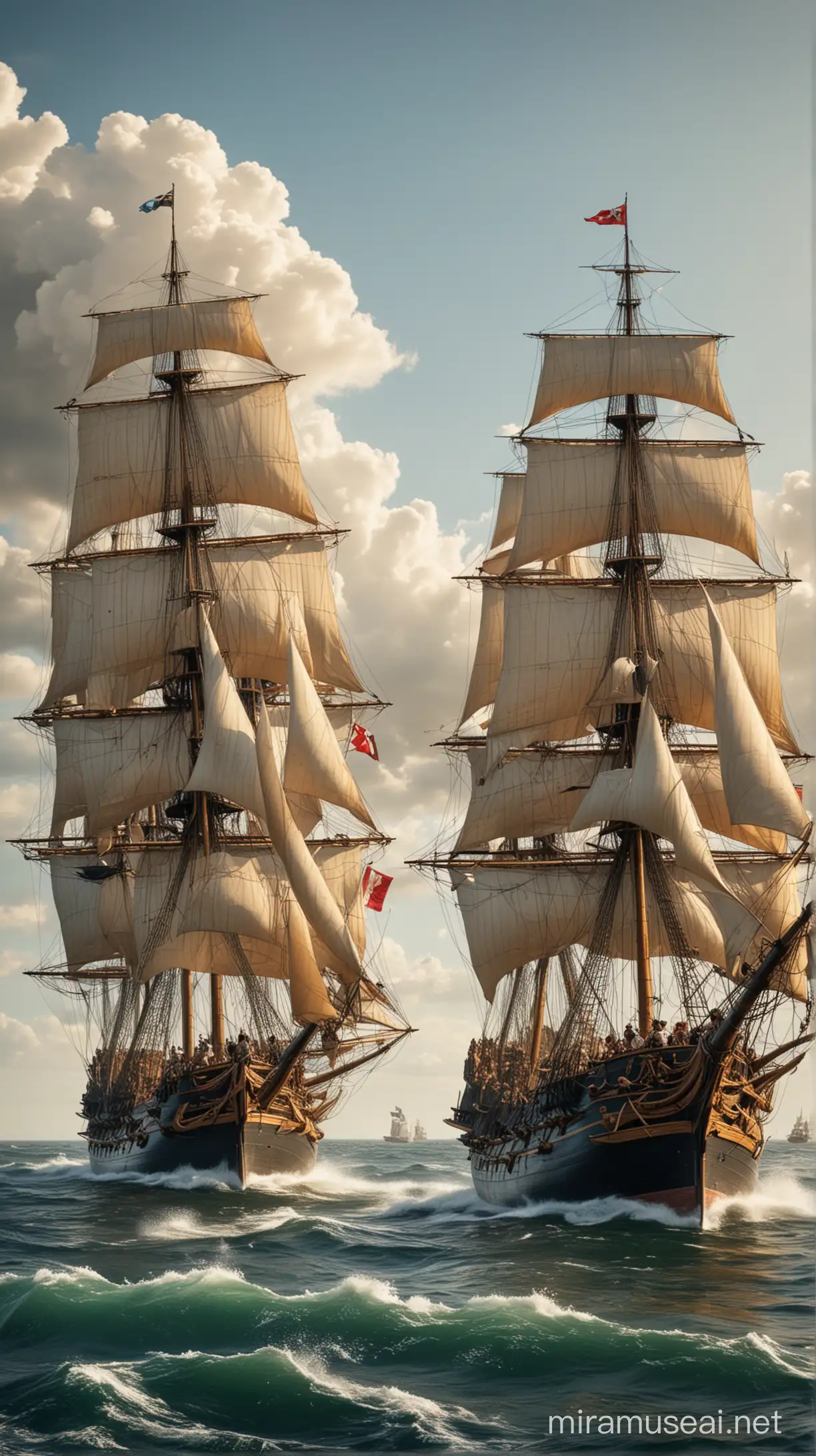 Sailing Ships Engaging in Naval Battle with Cannon Fire and Explosions