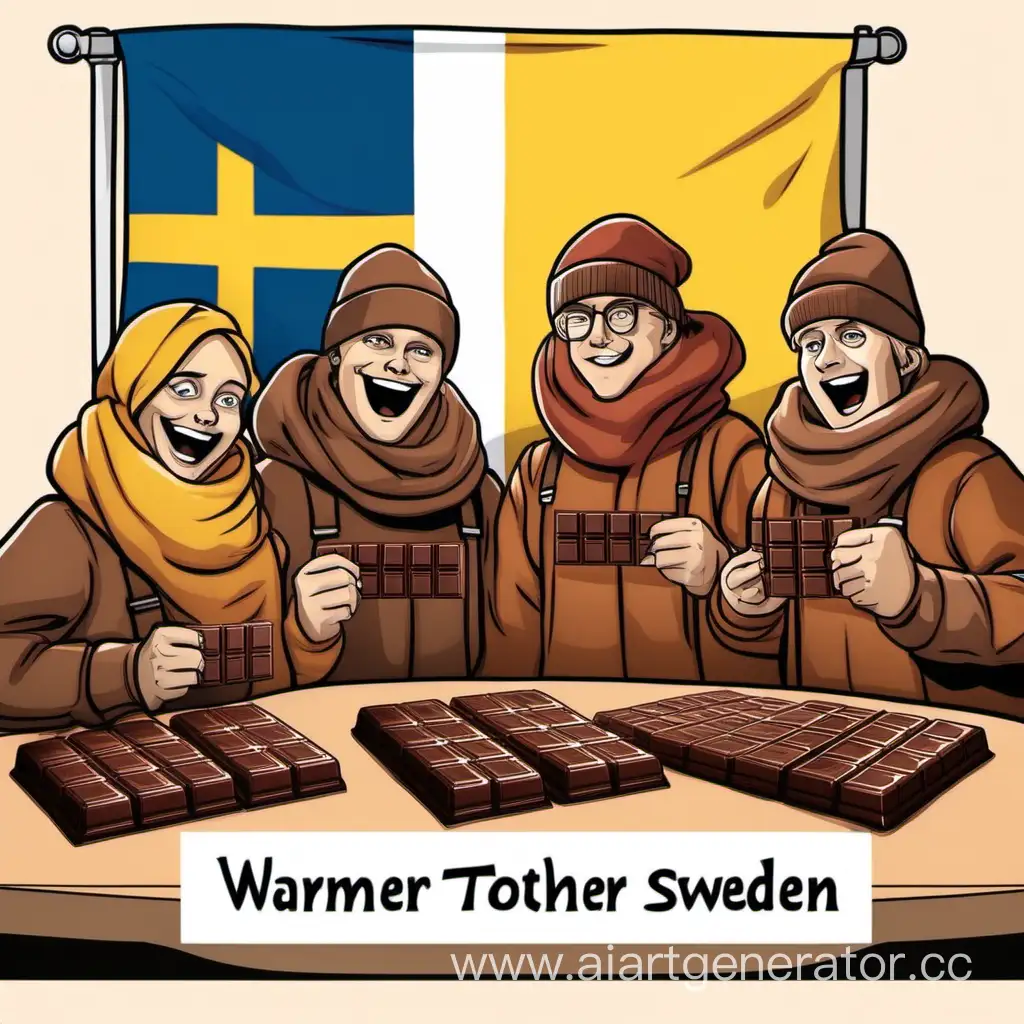 five animated courageous and brutal chocolate bars are sitting at a round table and negotiating, next to it is the flag of Sweden, a warm and cozy atmosphere, the slogan "warmer together!"