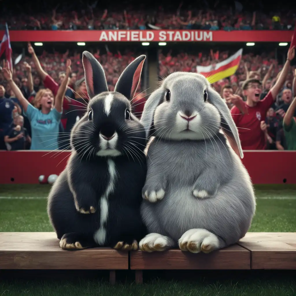 Cute Rabbits Watching Soccer Game at Anfield Stadium