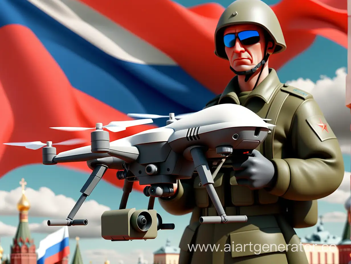 Военный на фоне флага России с дроном в руках, сво,  
