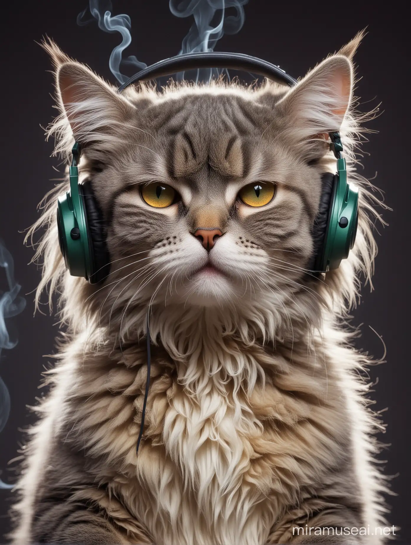 fuzzy cat wearing headphones, smoking marijuana, and making music