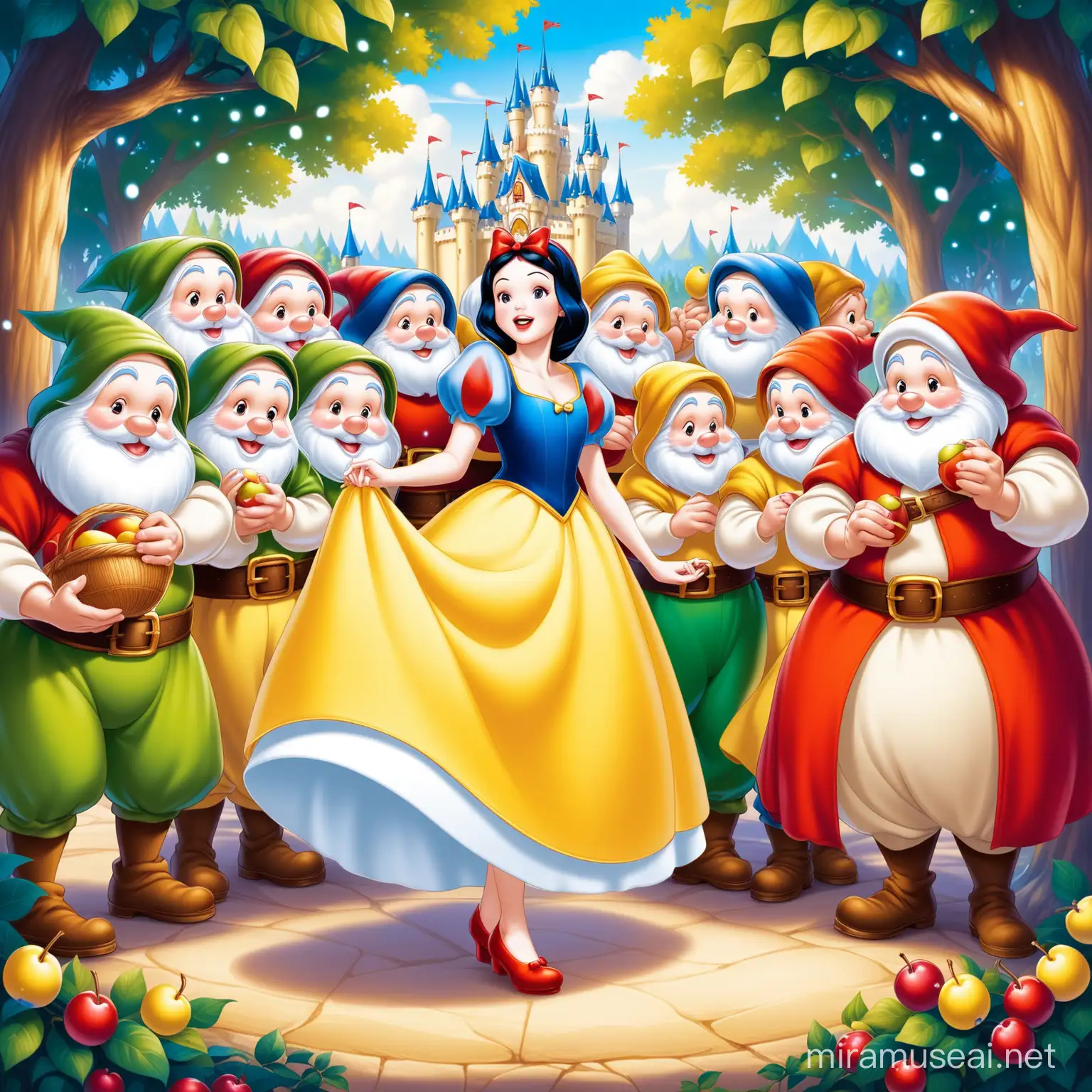 Snow White and the Seven Dwarfs in Enchanted Forest Scene