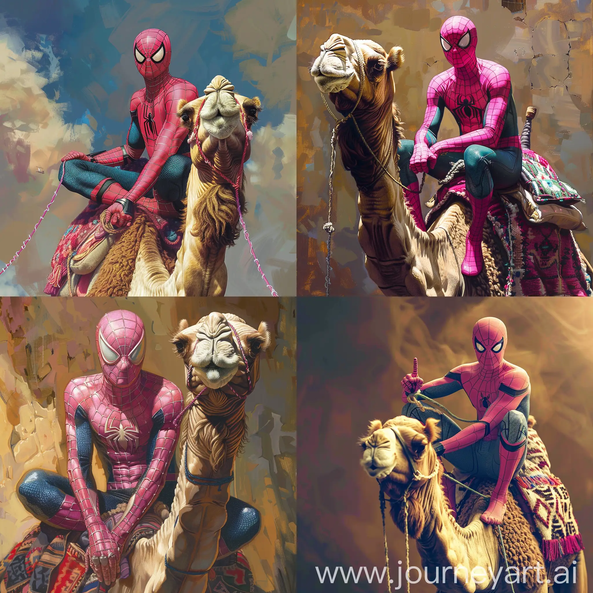 pink spider-man siting on the camel