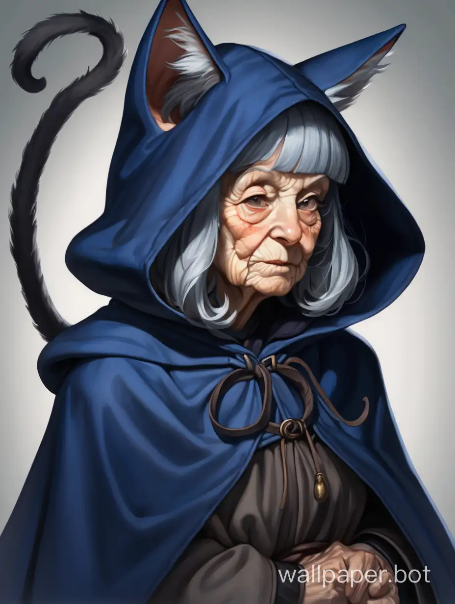 an old woman with gray cat ears and a tail, in a dark blue cape with a hood