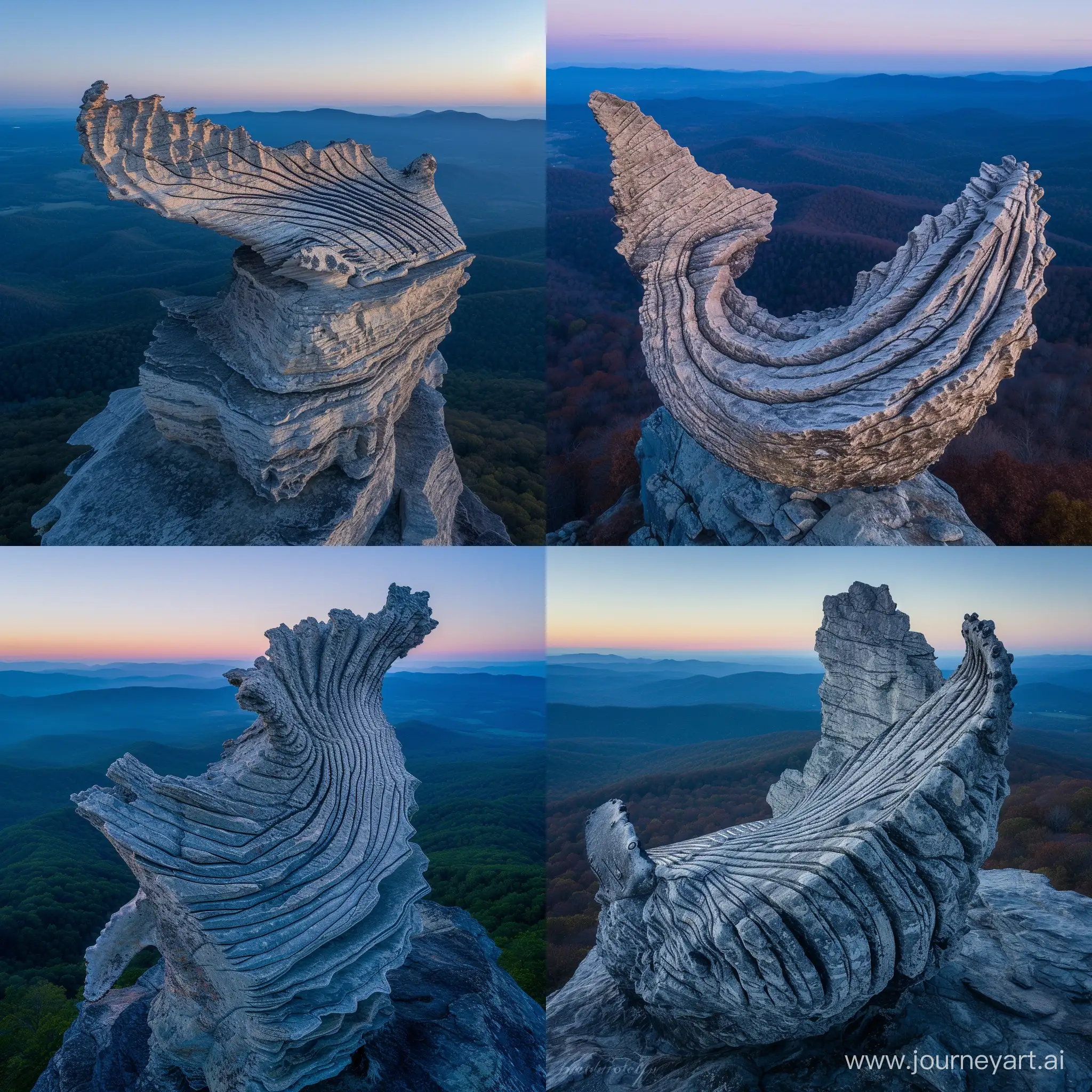 photo of humpback rock outcrop, outcrop is in the shape of a large breaching humpback whale, looks exactly like a humpback whale, outline of a humpback whale, head shape and fin shape visible with striations on the ventral pleats, virginia, rolling blue ridge mountains in the background fading into deep blue, drone photography looking at the outcrop, morning, crisp, award winning landscape, sunrise, beautiful, gently lit by the sunrise