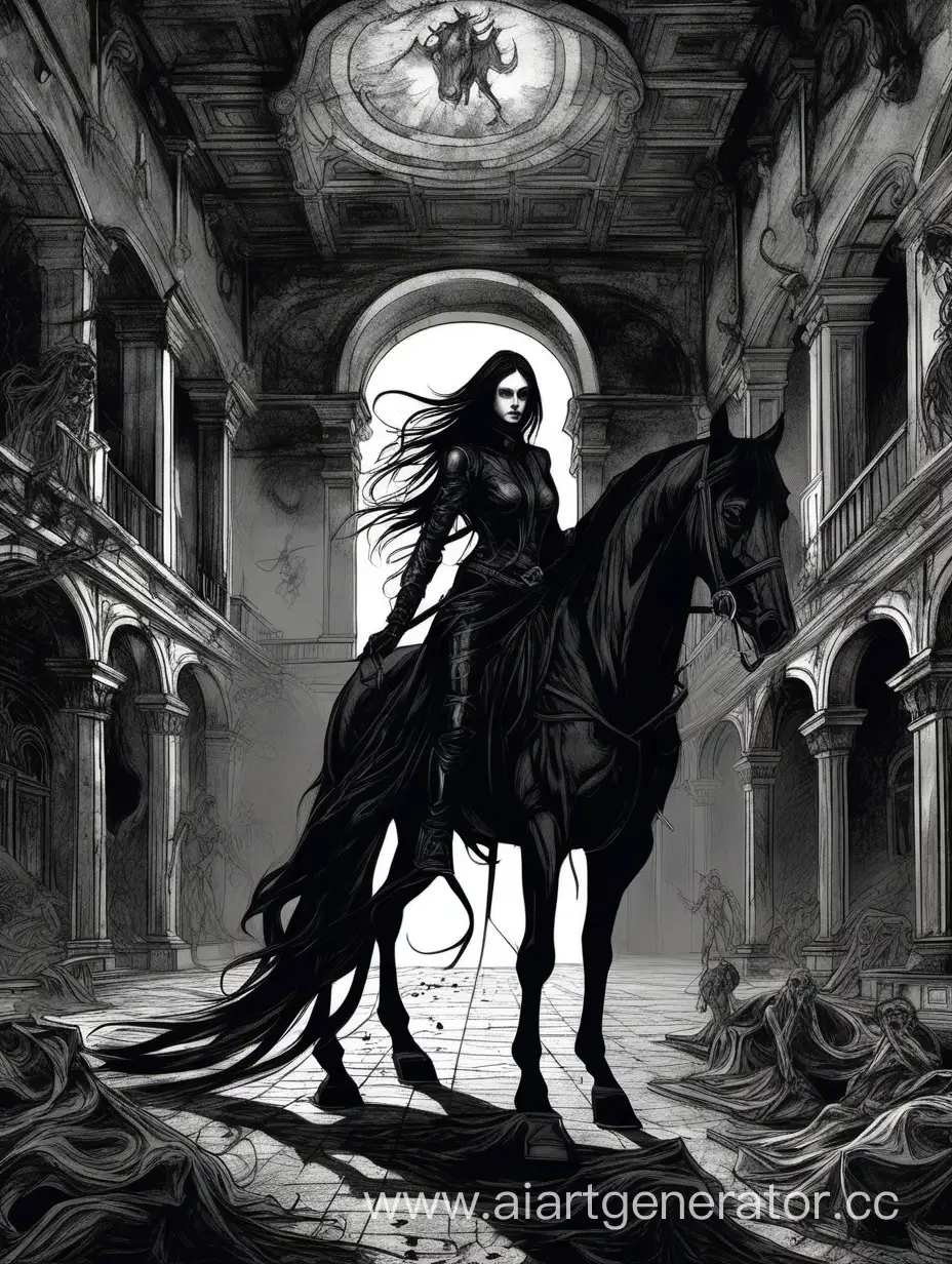 Нарисуй женщину с длинными волосами, состоящую из теней и олицетворяющую всадника апокалипсиса Чумы. Она стоит в старом темном дворцовом зале. Она управляет вирусом. Она стоит с черным конем 