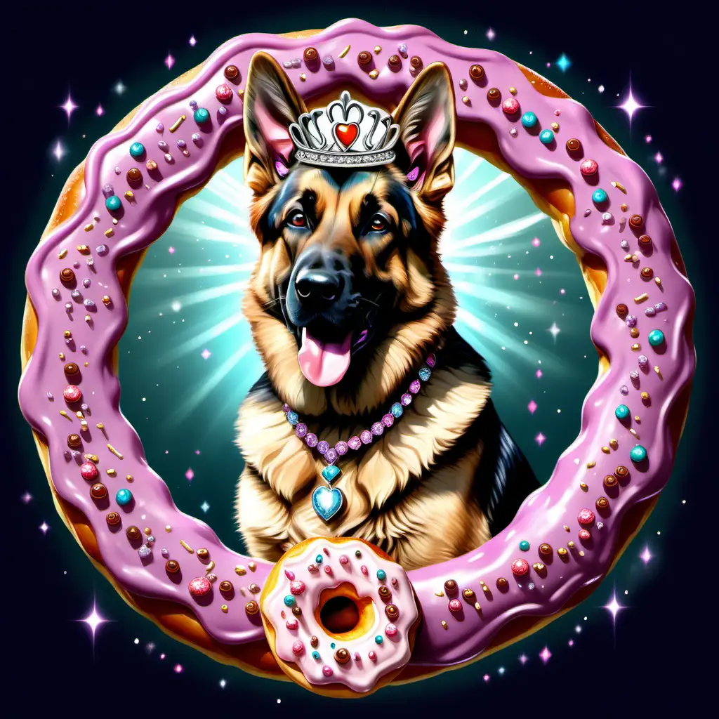 A happy, majestic and magical German Shepherd in a fantasy theme, wearing jewelry while lording over a donut. Also wearing a tiara and there should be a donut crest encircling the dog